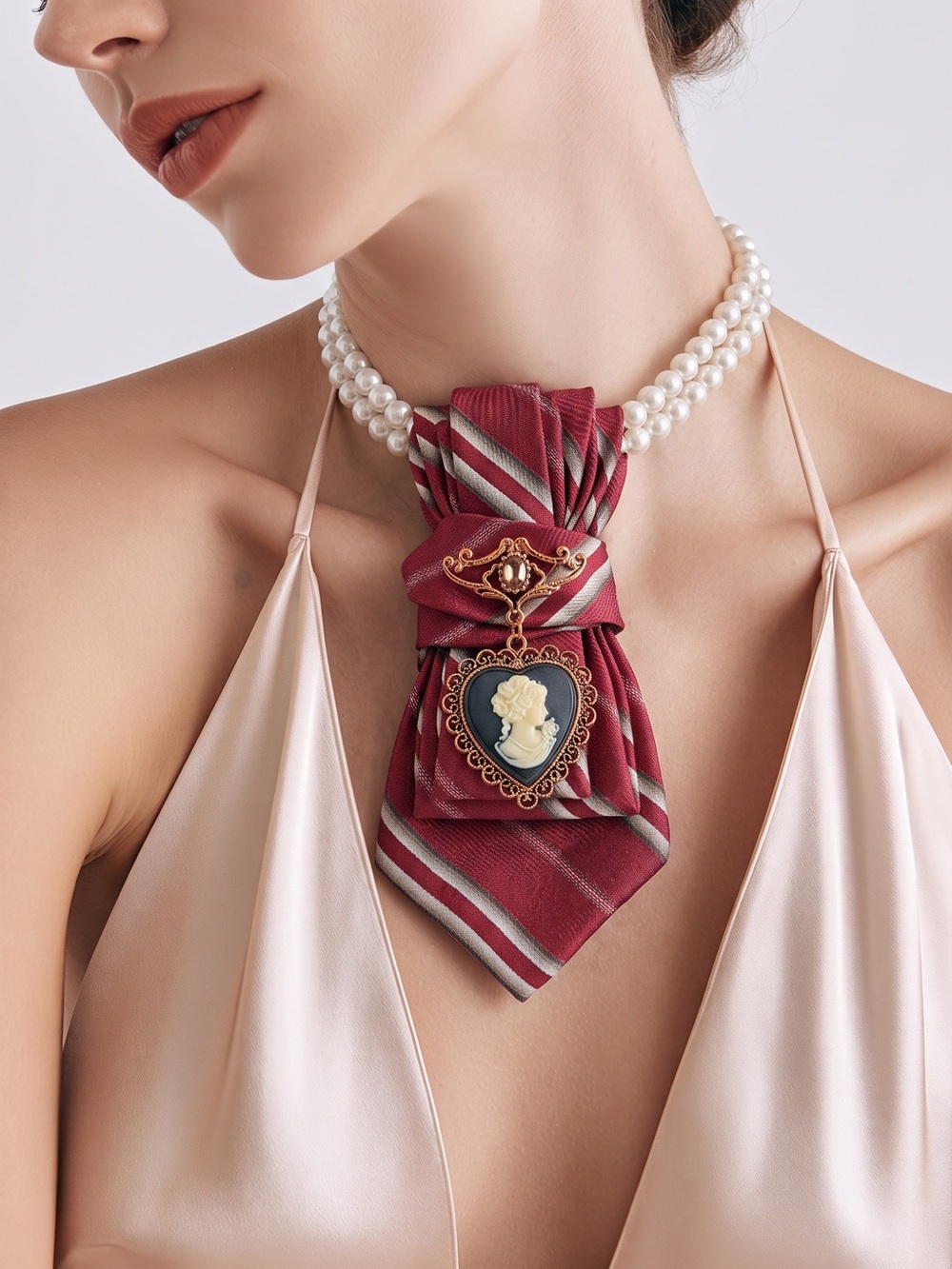 CHIC CHICK UPCYCLE | Burgundy Striped Cameo Heart Tie Necklace